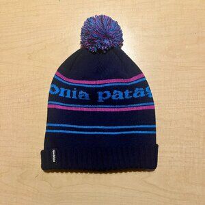 Patagonia Powder Town Park Stripe Pitch Blue Pink Pom Knit Beanie Unisex